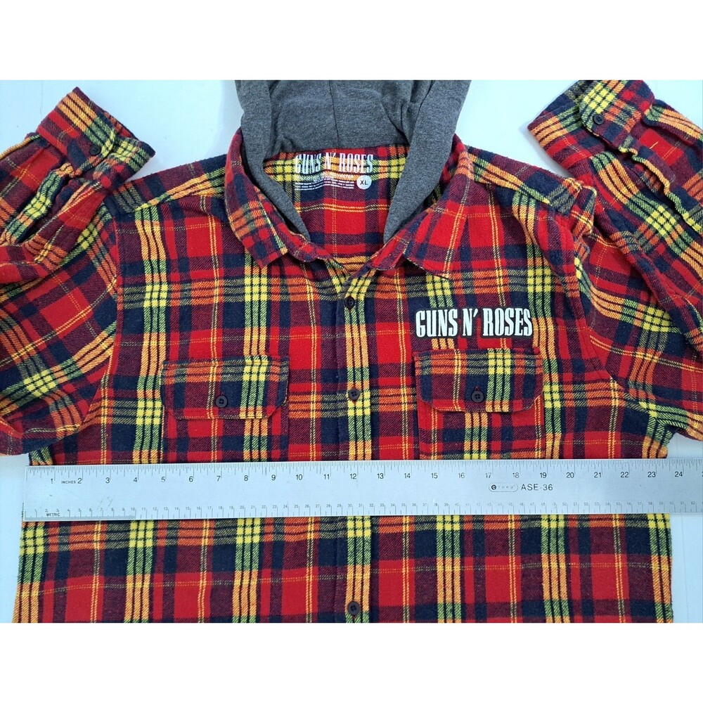 Guns N Roses Flannel Hooded Shirt XL Red Yellow Rock Roll Axel Skulls Appetite - Picture 7 of 9